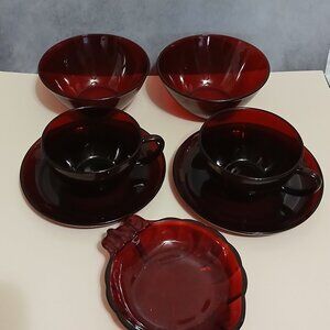 Vintage Ruby Red Glass-Bowls, Cups, Saucers, Ashtray/Trinket Dish-AH & arcoroc